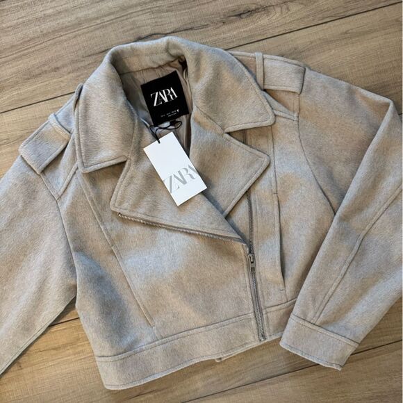 Zara Small S Felt Textured Crop Biker Jacket tan beige Women’s NWT - Picture 9 of 9